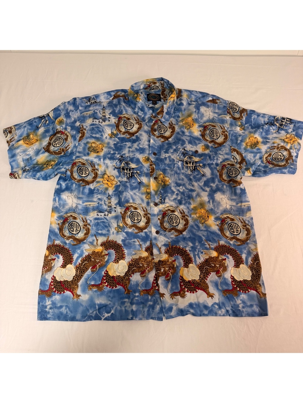 Hawaiian Silk Company XXL Blue Dragon Print Silk Shirt